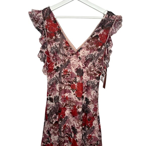 Almost Famous Womens M Pink Red Floral Ruffle V Neck Cottagecore Dress - Picture 5 of 16